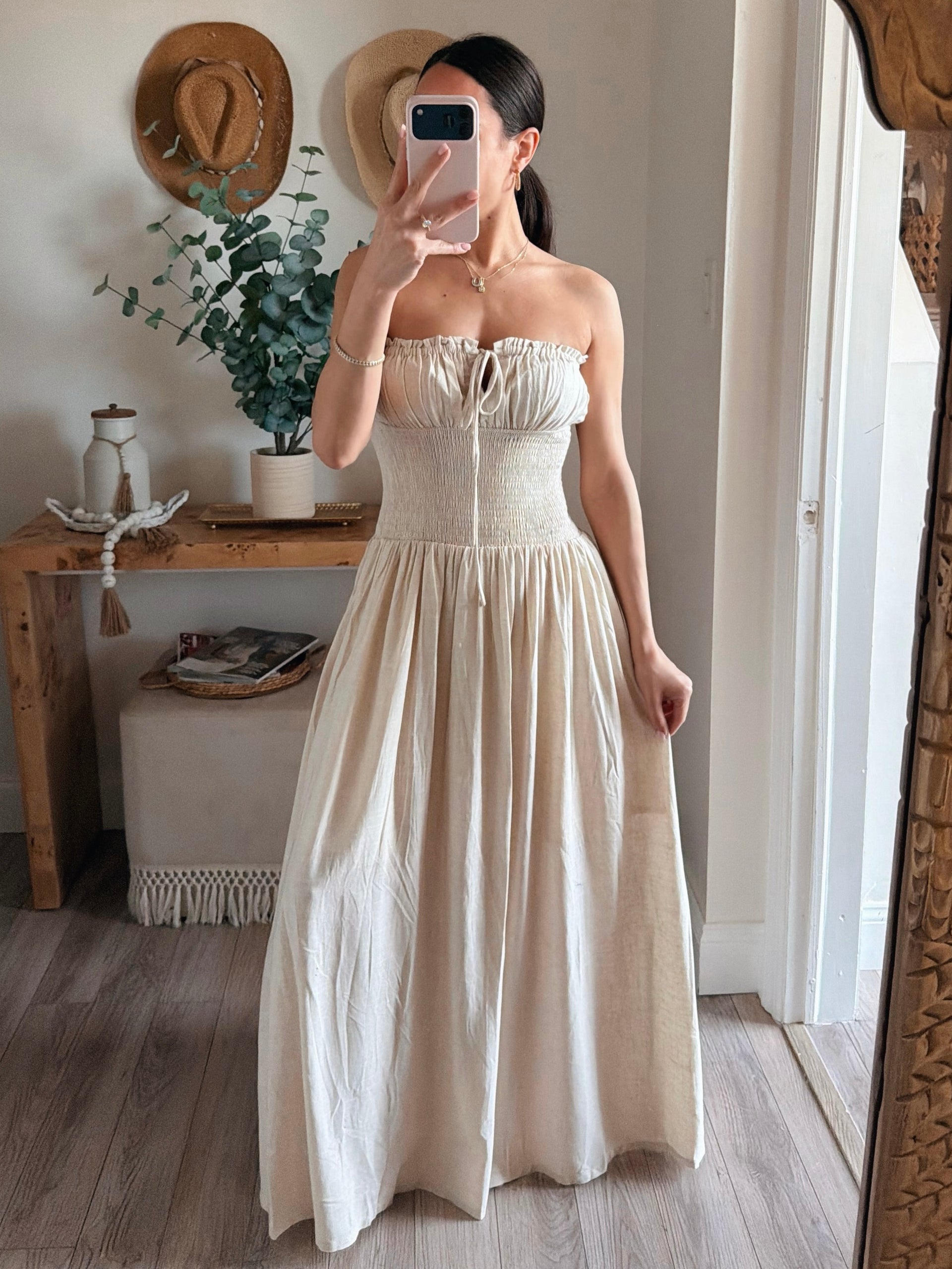 Becca Oatmeal Strapless Smocked Maxi Dress M