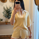 Butter/Cream Striped Rib-Knit Collared Split-Neck Top