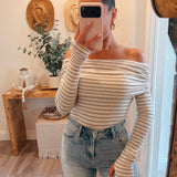 Striped Knit Foldover Off-Shoulder Bodysuit