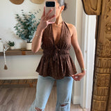 Brown Polka Dot-Print Open-Back Gathered Peplum Halter Top