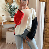Cream-Red Textured Colorblock Knit Rolled-Edge Sweater