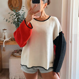 Cream-Red Textured Colorblock Knit Rolled-Edge Sweater