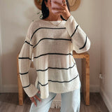 Striped Semi-Sheer Lightweight Knit Loose-Fit Sweater