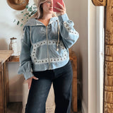Vintage Washing Double Gauze Stud Detail Hoodie Jacket