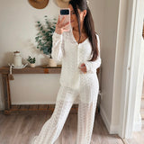 Pointelle Crochet-Knit Drawstring Sweater Pants