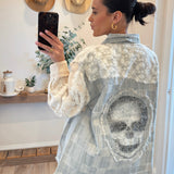 Oversize Skull Detail Lace Denim Jacket
