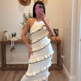 White Sweater Halter Midi Dress With Black Diagonal Frills