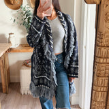 Navy Paisley Pattern Knit Open Front Shawl Collar Cardigan
