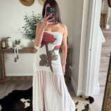 White Rose-Print Mesh Strapless Drop-Waist Maxi Dress