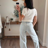 Lovervet Drawstring Elastic Waistband Striped Wide Jeans