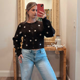 Polka Dot Jacquard-Knit Button-Up Crew-Neck Cropped Cardigan