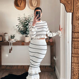 White Striped Ruffle Knit Crop Top and Midi Skirt Set