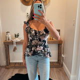 Black Floral Ruffle Hem Top