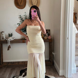 Butter Yellow Ruched Mesh Dress with Handkerchief Hem