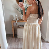Becca Oatmeal Strapless Smocked Maxi Dress