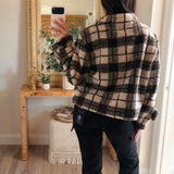 Plaid Sherpa Fleece High-Collar Button-Front Pocket Jacket
