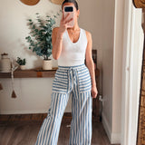 Blue Striped Cotton Wide-Leg Drawstring Pants