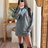 Collared V-Neck Cardigan Sweater Dress