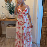 Tropical Tiered Ruffle Open-Back Maxi Dress