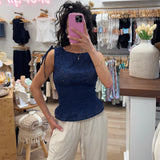 Navy Eyelet Boat Neck Sleeveless Smocked Top