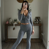 KINT SWEATER HOODIE CROP TOP & LONG PANTS SET - HEATHER GRAY