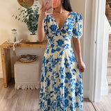 Cream/Blue Carrie Floral Puff Sleeve Maxi Dress