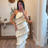 White Sweater Halter Midi Dress With Black Diagonal Frills