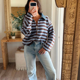 Weekender Striped Denim Collared Zip Up - Blue/Brown