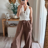 Tiramisu Textured Gauze Ruched Side Slit Pant