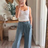 Drawstring Waist Patch Pocket Wide Leg Pants