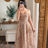 Taupe Striped Cotton-Blend Smocked Pocket Midi Dress