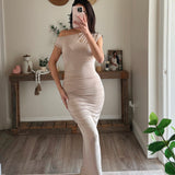 Asymmetric Off Shoulder Ruched Maxi Dress - Tan