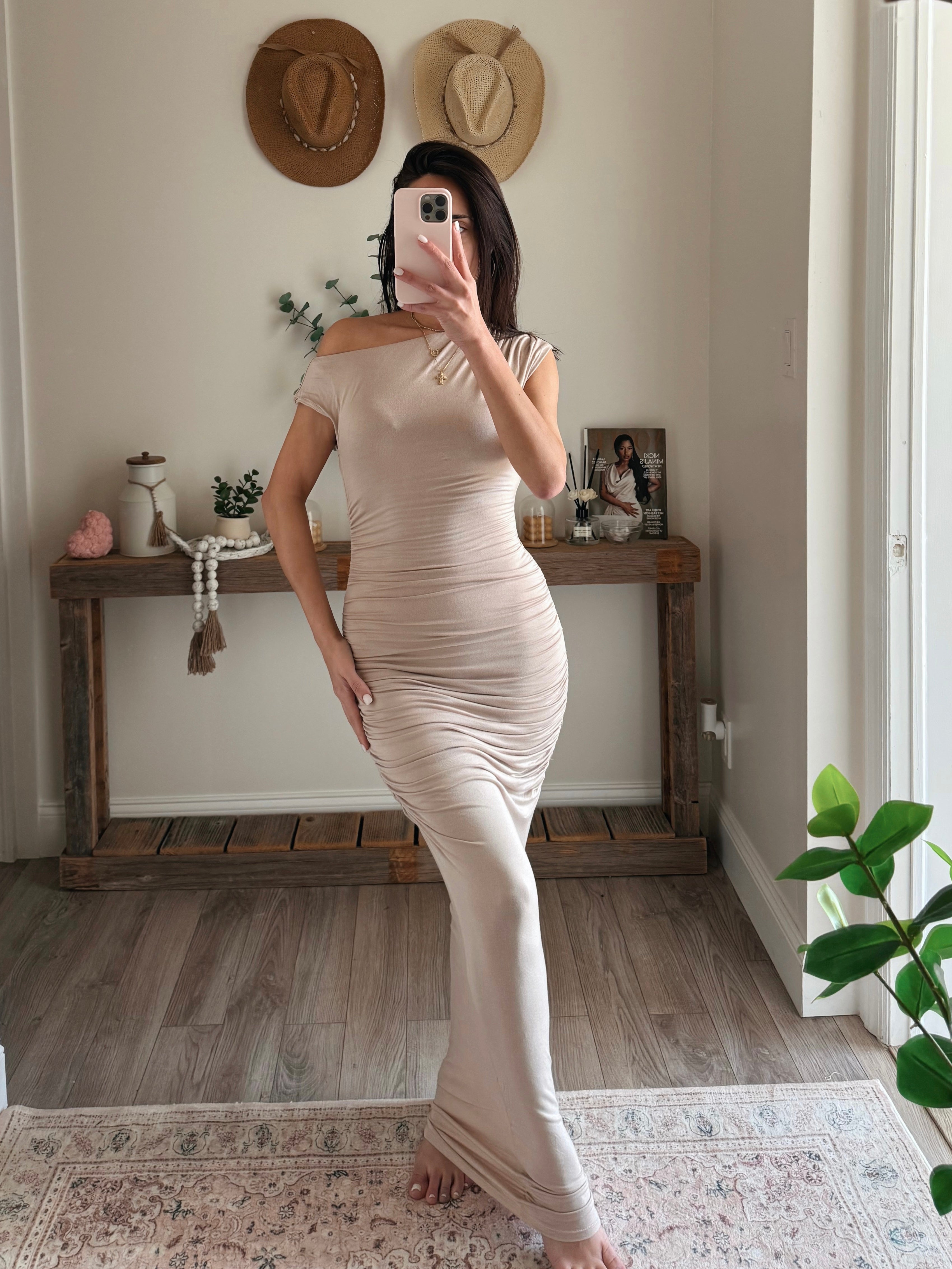 Asymmetric Off Shoulder Ruched Maxi Dress