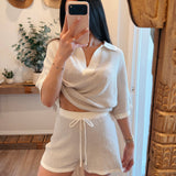 Off White-Icy Grey Striped Rib-Knit Collared Split-Neck Top