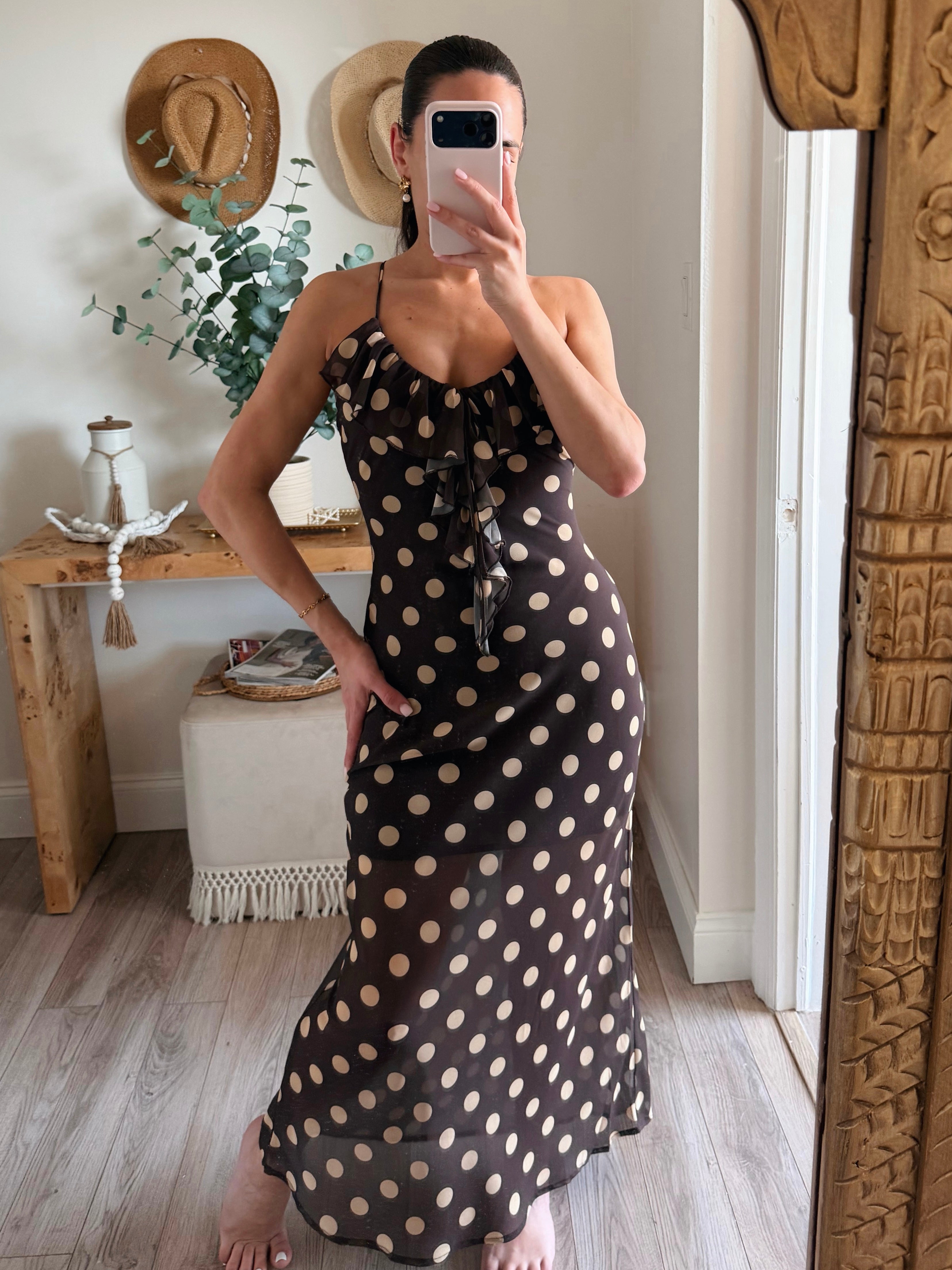 Karin Polka Dot Ruffle Front Maxi Dress