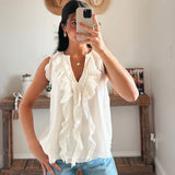 Cream Waterfall Ruffle V-Neck Top