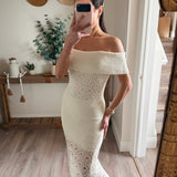 Cream Foldover Off Shoulder Maxi Dress