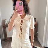 Cream Floral Embroidered Crochet Knit Top