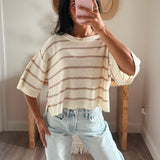 Striped Knit Boat Neck 3/4 Sleeve Loose Sweater