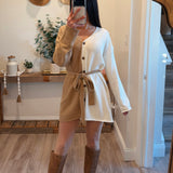 Cream-Sand Knit Colorblock Belted Cardigan/Dress