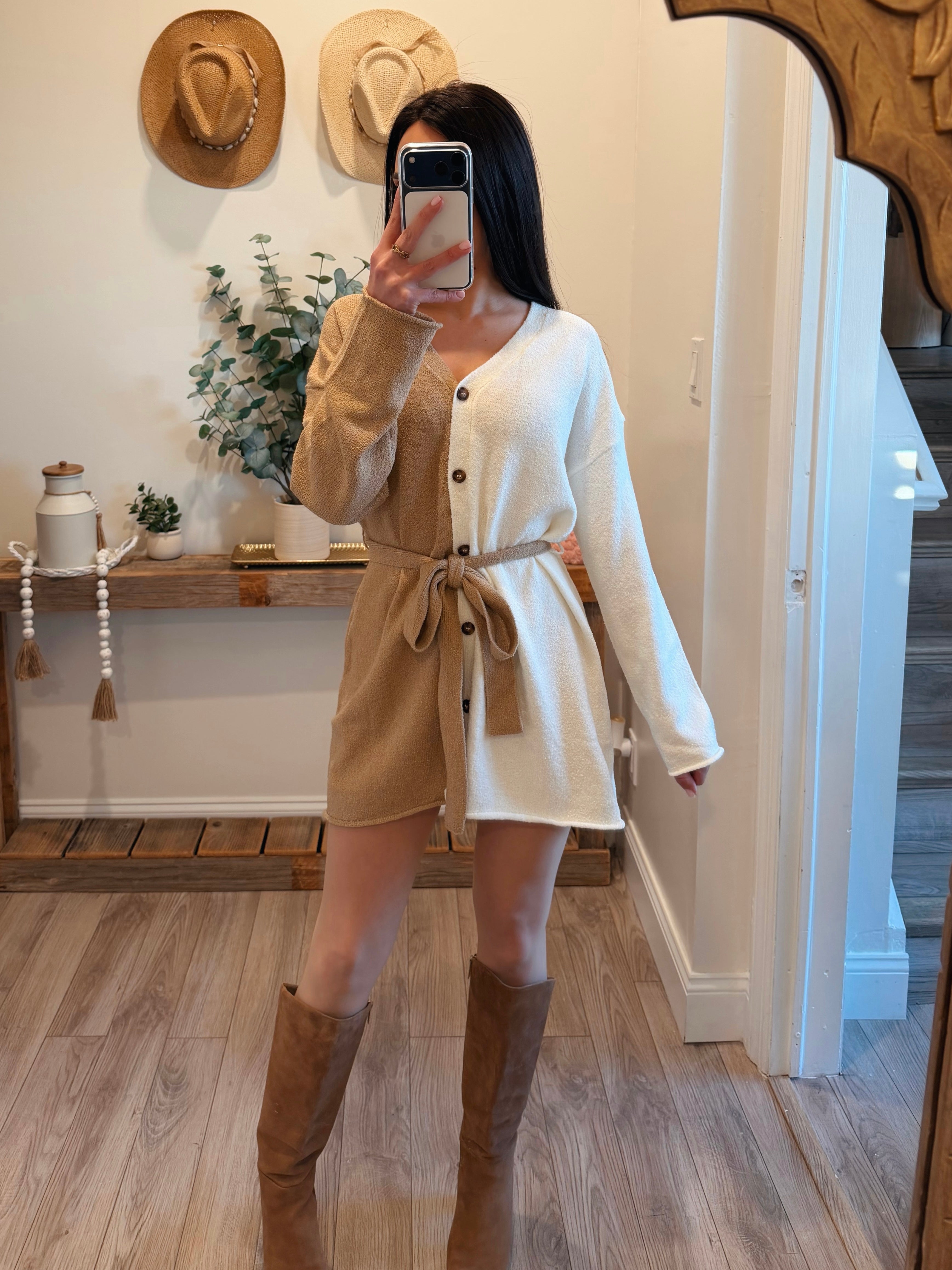 cream cardigan for dress Cream-Sand Knit Colorblock Belted Cardigan/Dress S