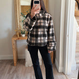 Plaid Sherpa Fleece High-Collar Button-Front Pocket Jacket