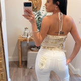 Cream Sequin Floral Embellished Halter Top