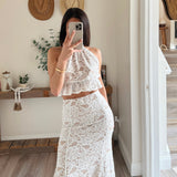 Cream Lace Openback Halter Set - Top/Maxi Skirt