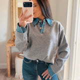Grey Emely Contrast Knit Top